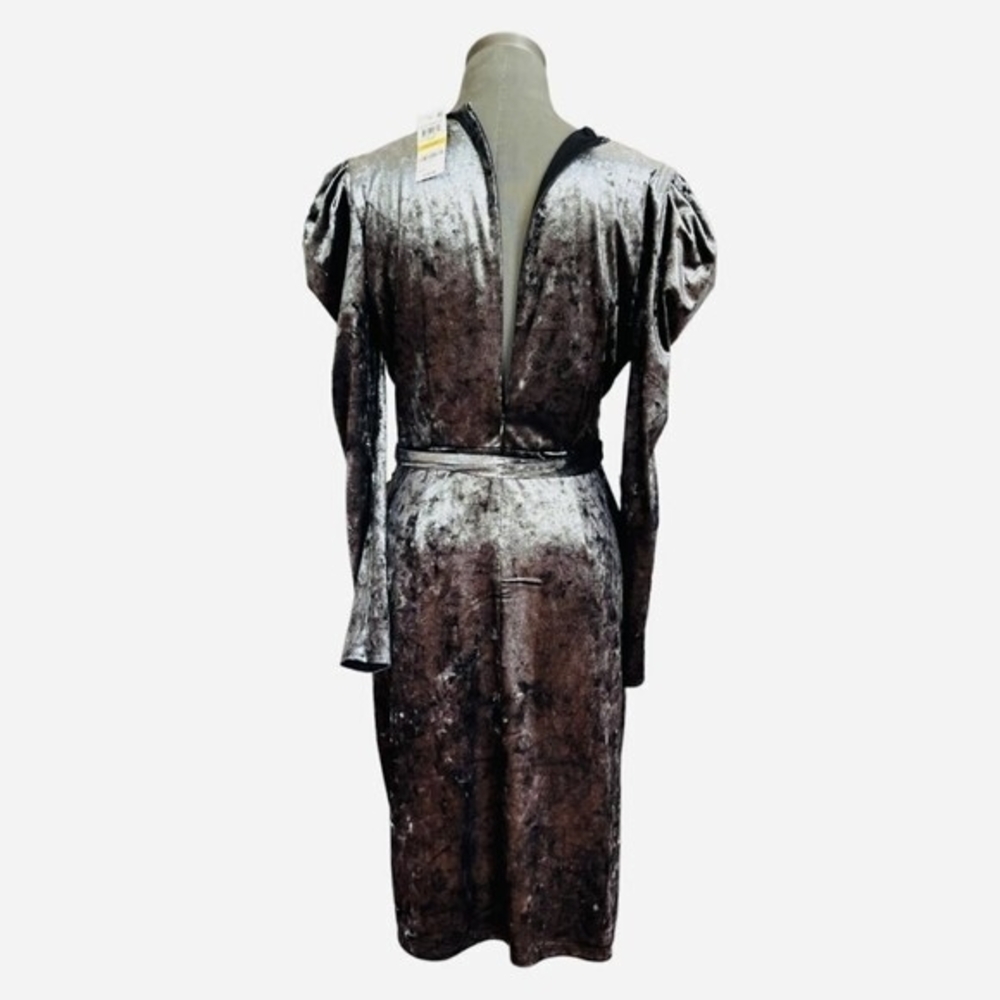 INC International Concepts Silver Velvet Wrap Dress M Puffed Sleeve Lined NWT - Picture 10 of 11